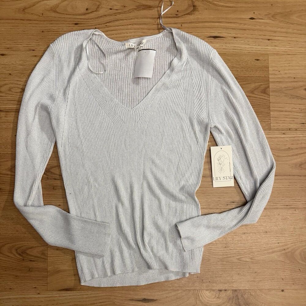 Lily Star Silver Ribbed V-Neck Sweater